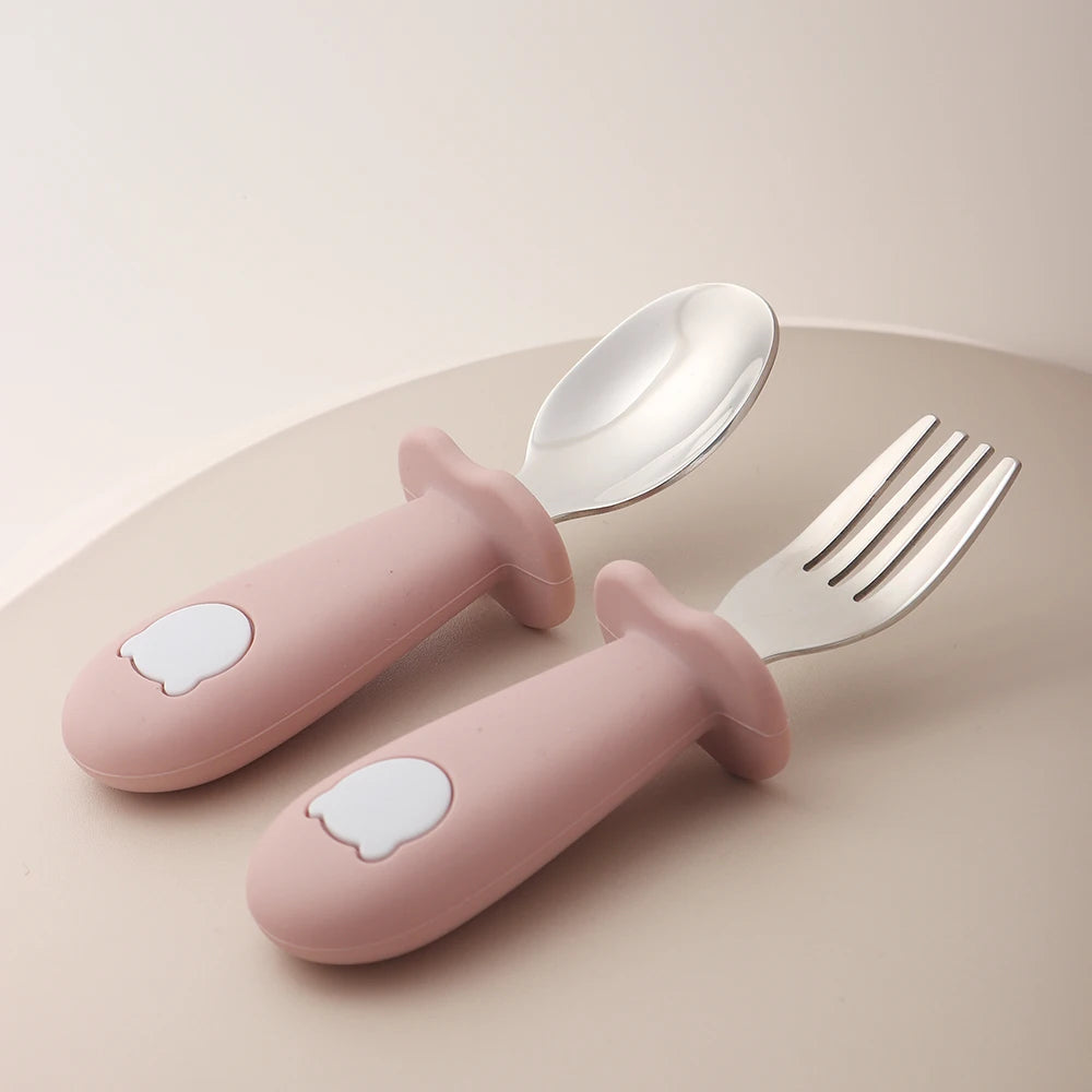 Baby panda shape silicone spoon fork stainless steel - set overview