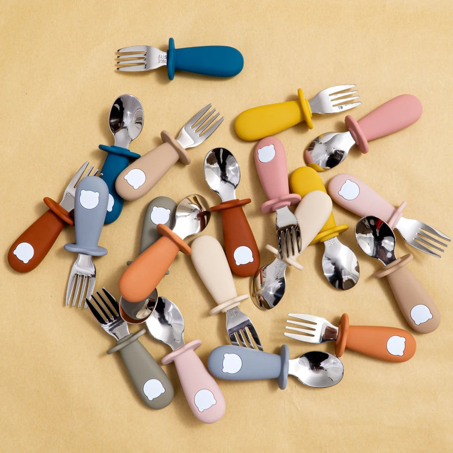 New Design Baby Feeding Solid Food Spoon Fork Set BPA - top-down view