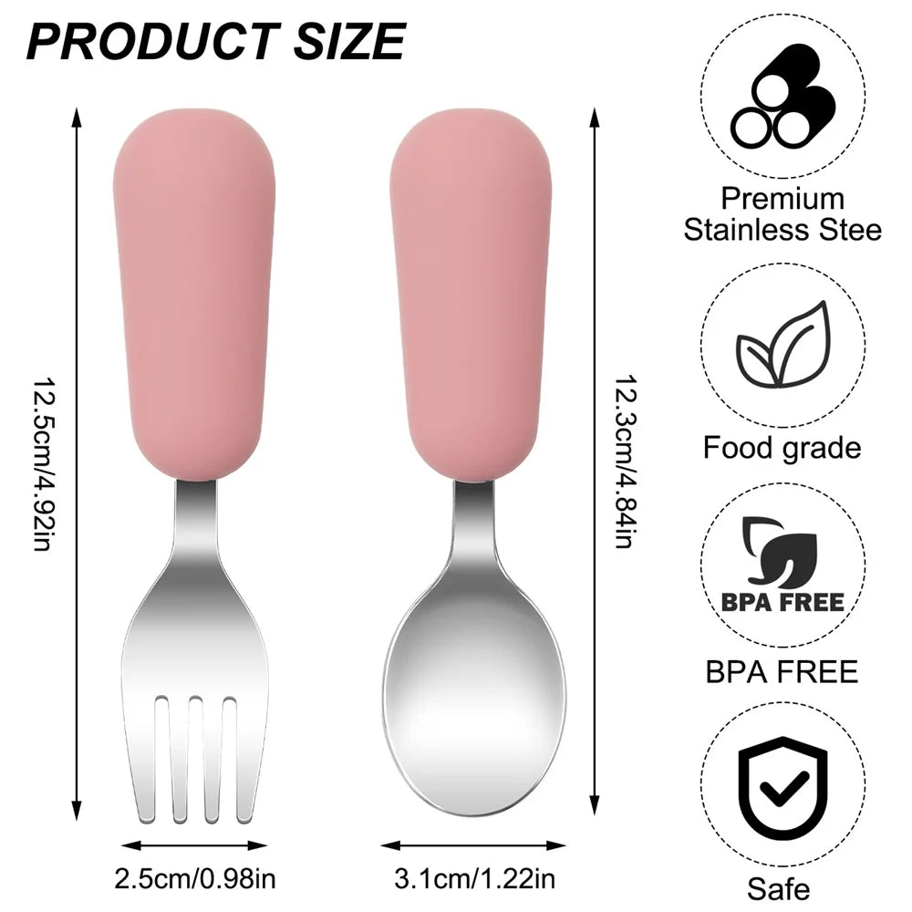 Color Kids 2PCS Stainless Steel Fork Spoon Baby Feeding - top-down view