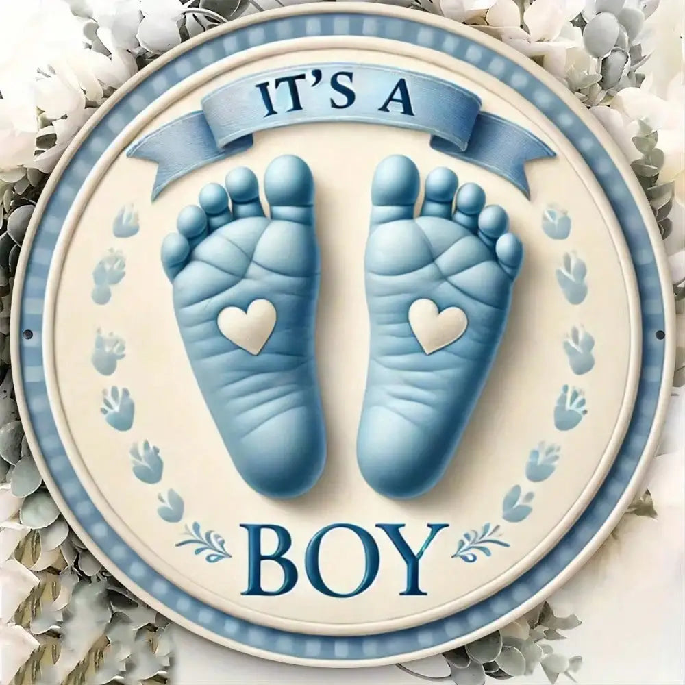 It's Boy Metal Sign 7 87x7 87in Newborn Baby Footprint - set overview