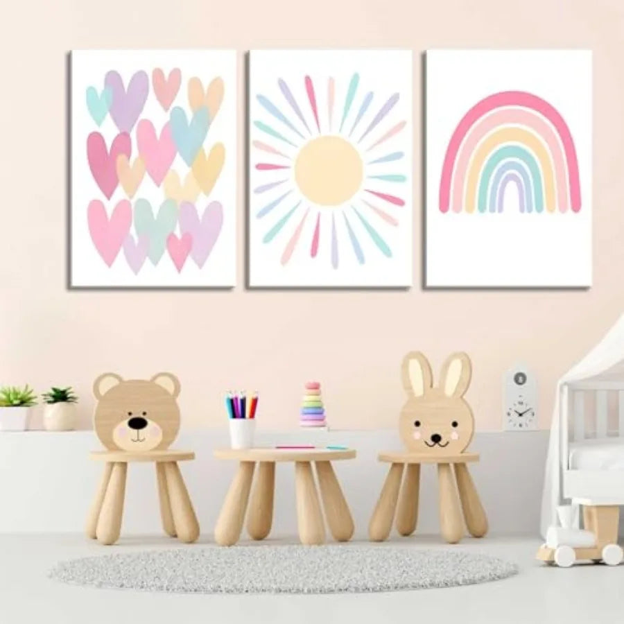 3Pcs Framed Pink Nursery Canvas Wall Art Rainbow Poster - feature close-up
