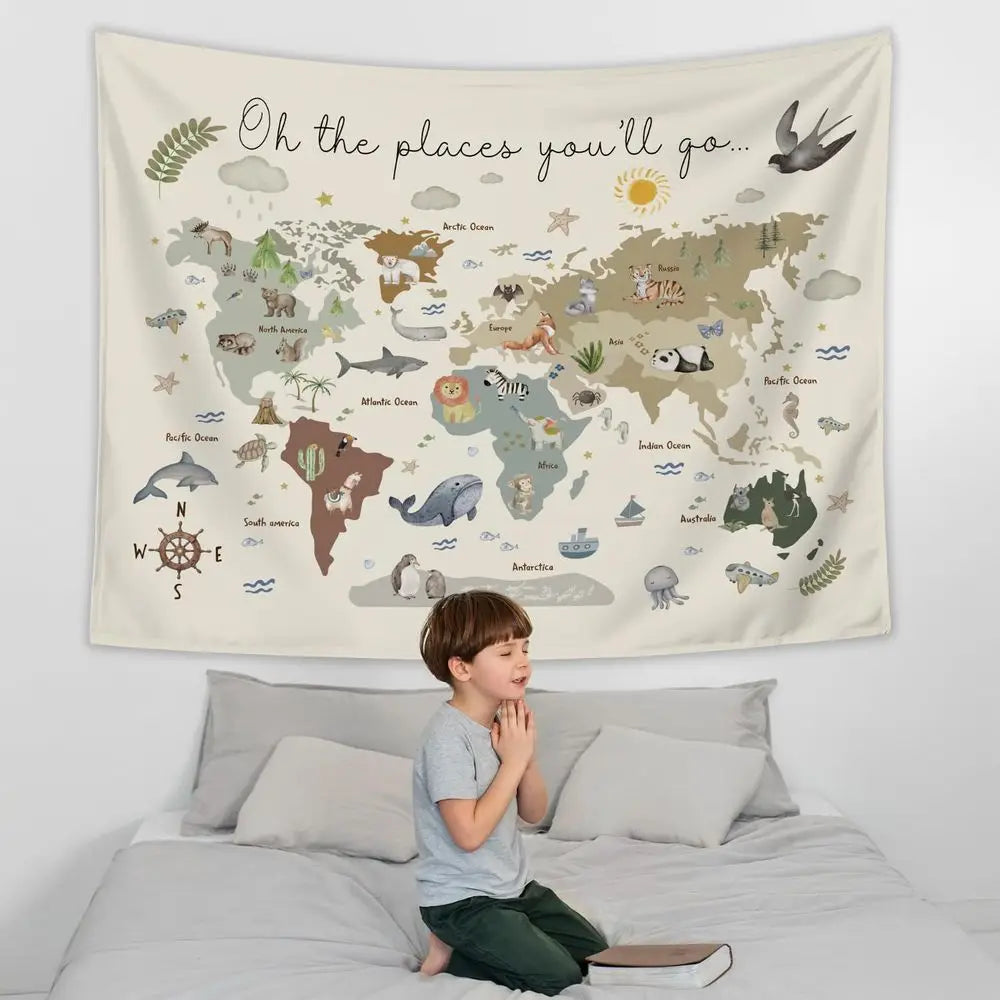 Boho Style Kids World Map Tapestry, 50x60 Inch - set overview