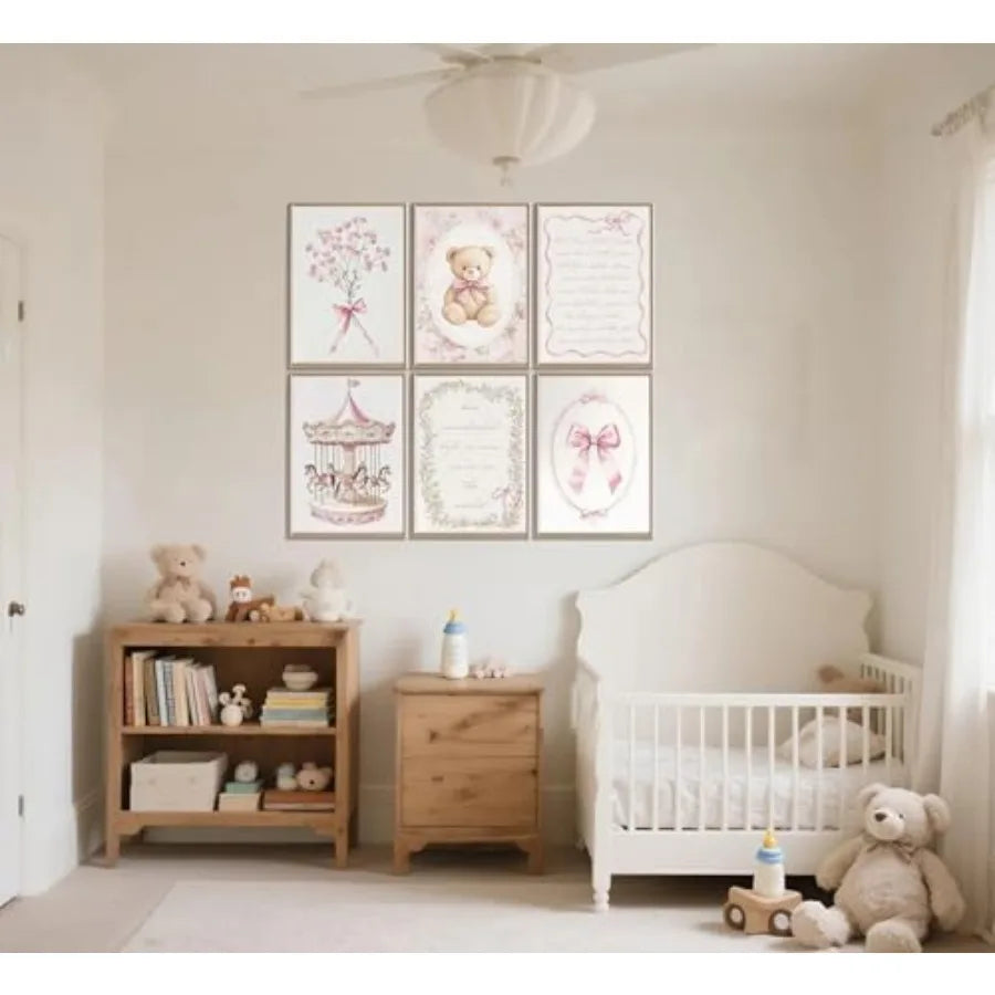 6pcs Pink Vintage Baby Girl Nursery Wall Art Prints - feature close-up