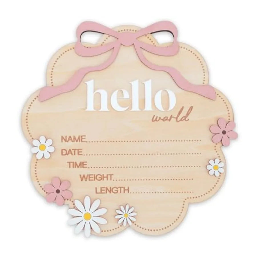 Hello World Wooden Baby Birth Announcement Sign with Pink Bow - front view