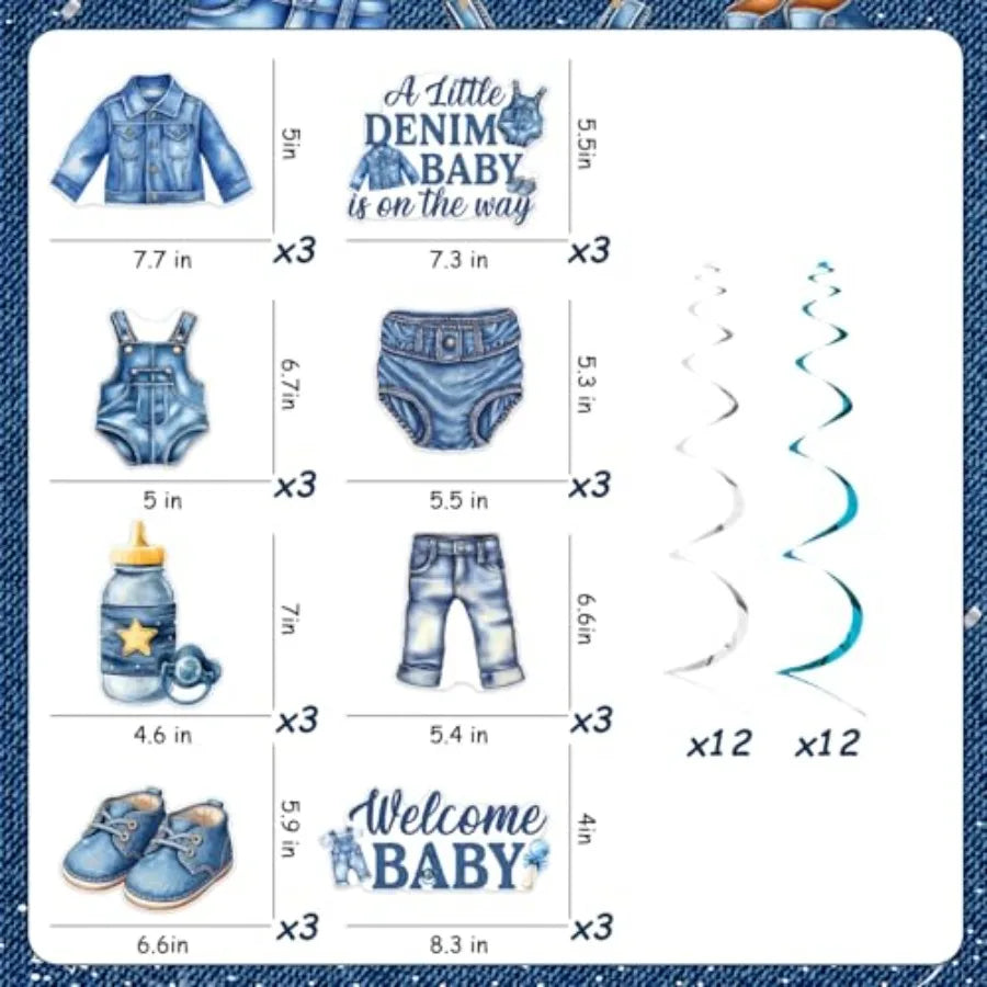 Blue Jean Denim Baby Shower Decorations, 24pcs - feature close-up