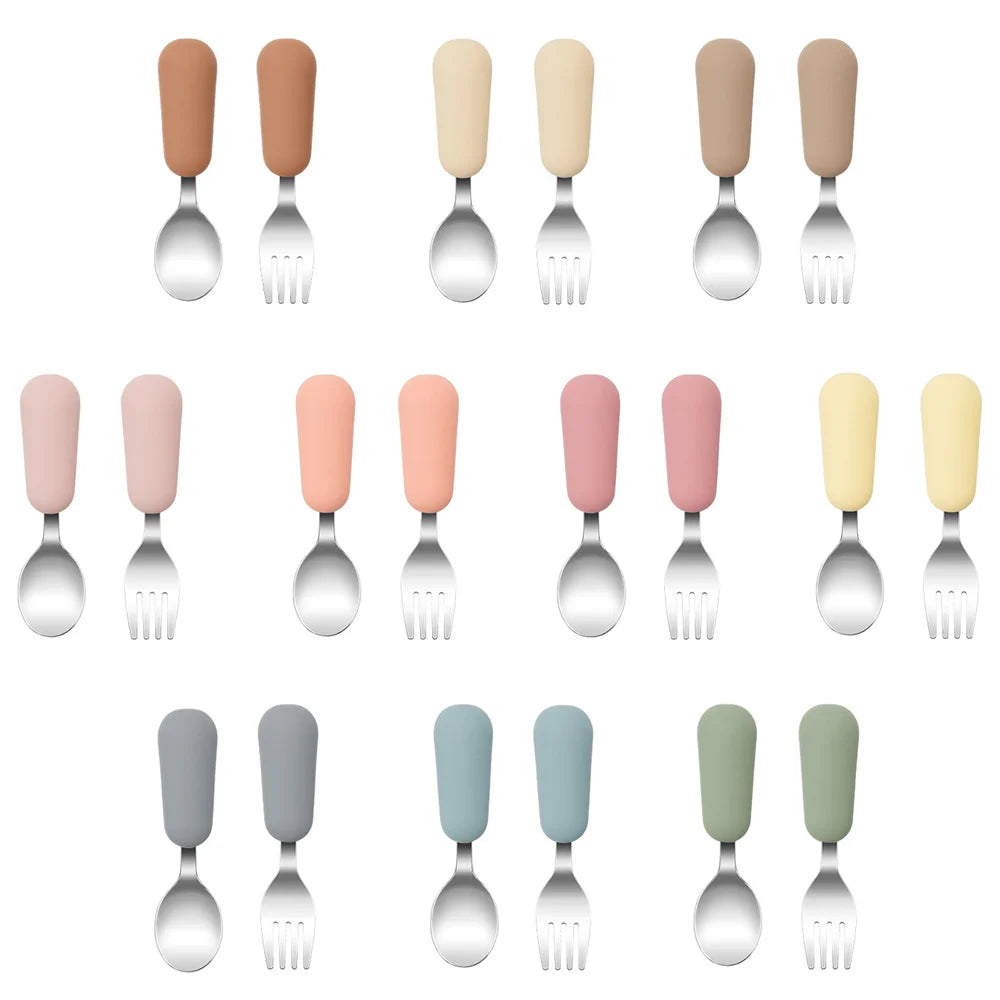 Color Kids 2PCS Stainless Steel Fork Spoon Baby Feeding - material close-up