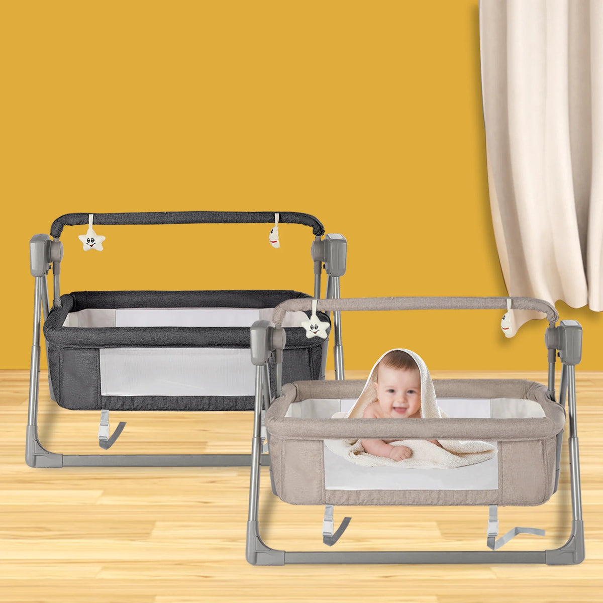 Gray/Khaki Electric Cradle Baby Swing Bed - material close-up