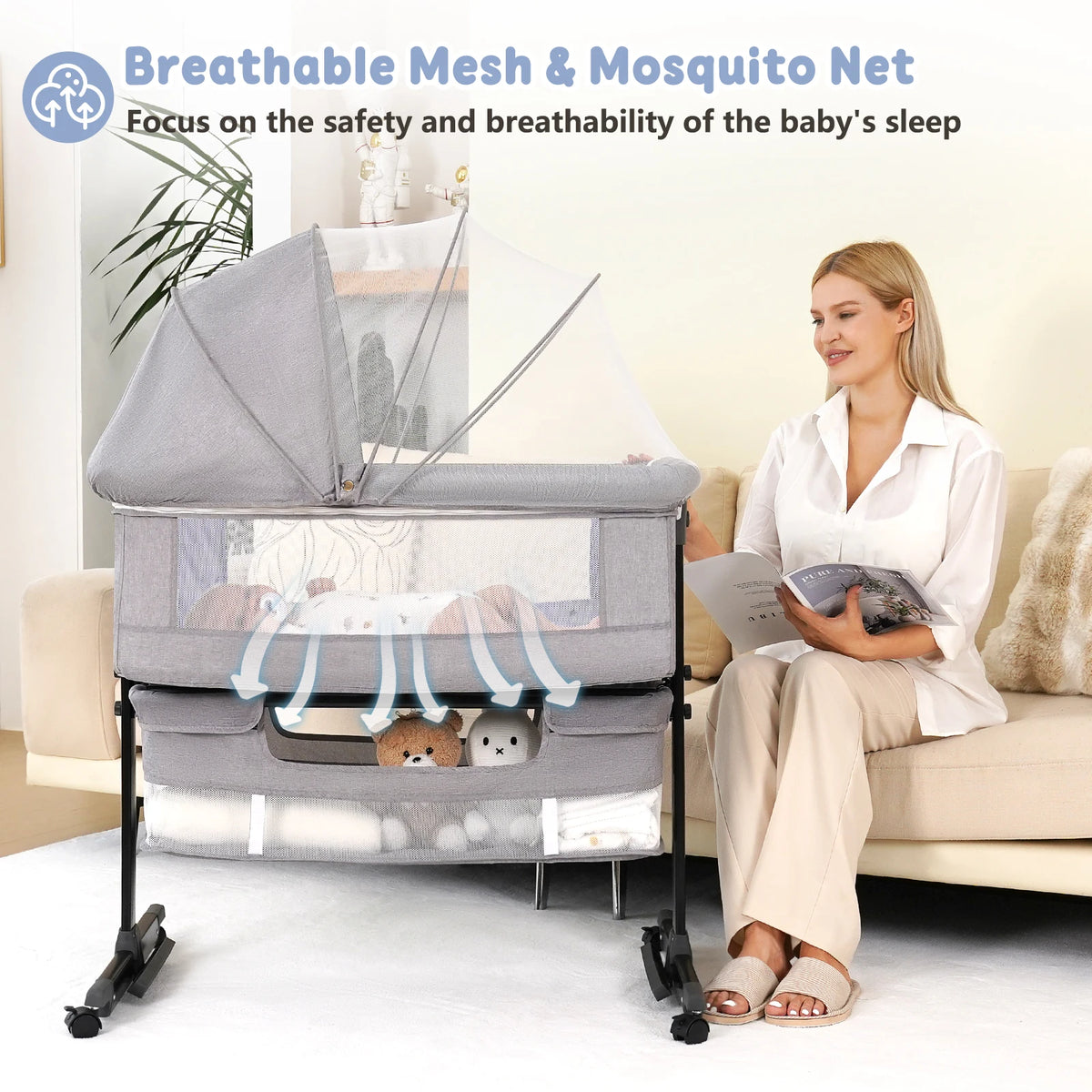 Baby Bedside Bassinet 3-in-1 Baby Crib Headboard Bed - detail view