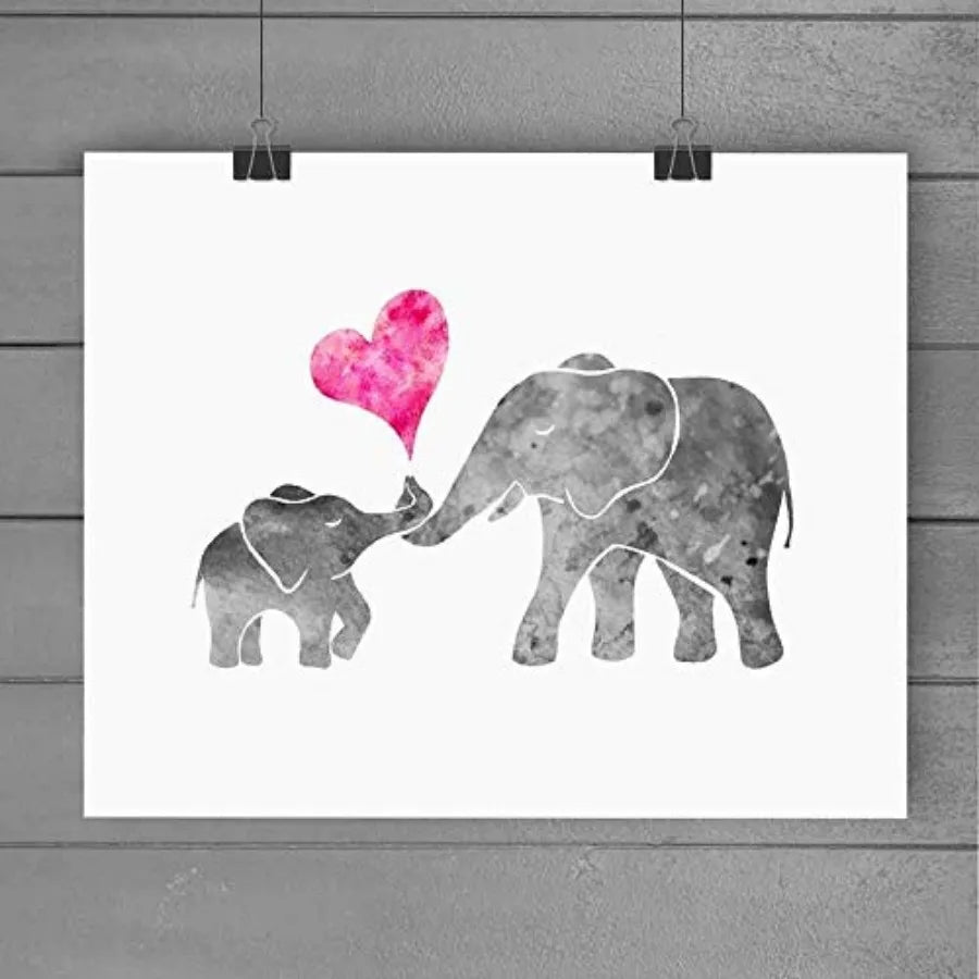 Watercolor Grey Baby Elephant Mom Art Print Painting - set overview