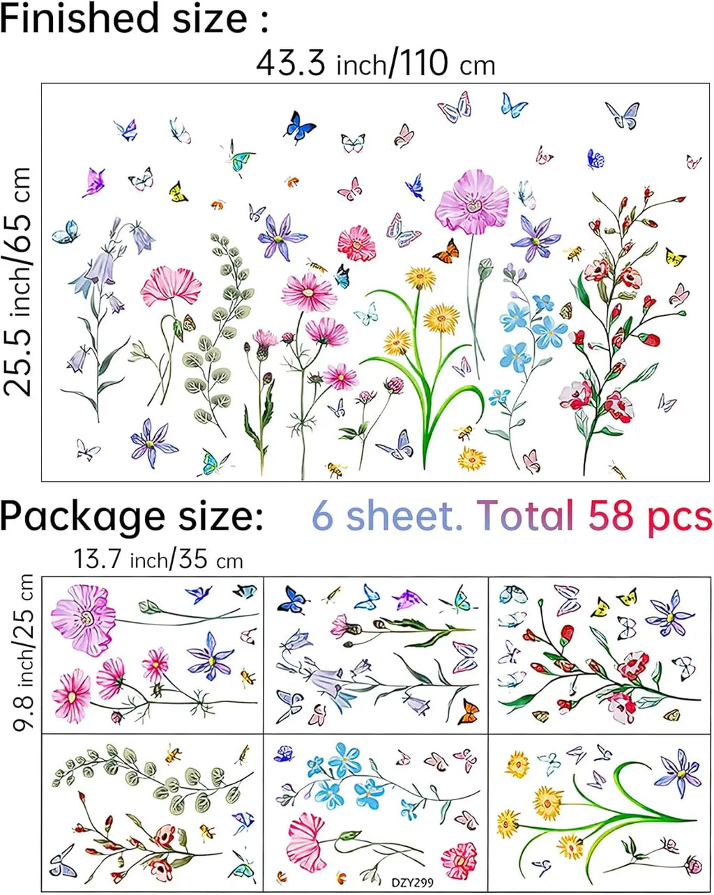 58 Pcs Colorful Flower Wall Stickers Butterfly Bee - size reference