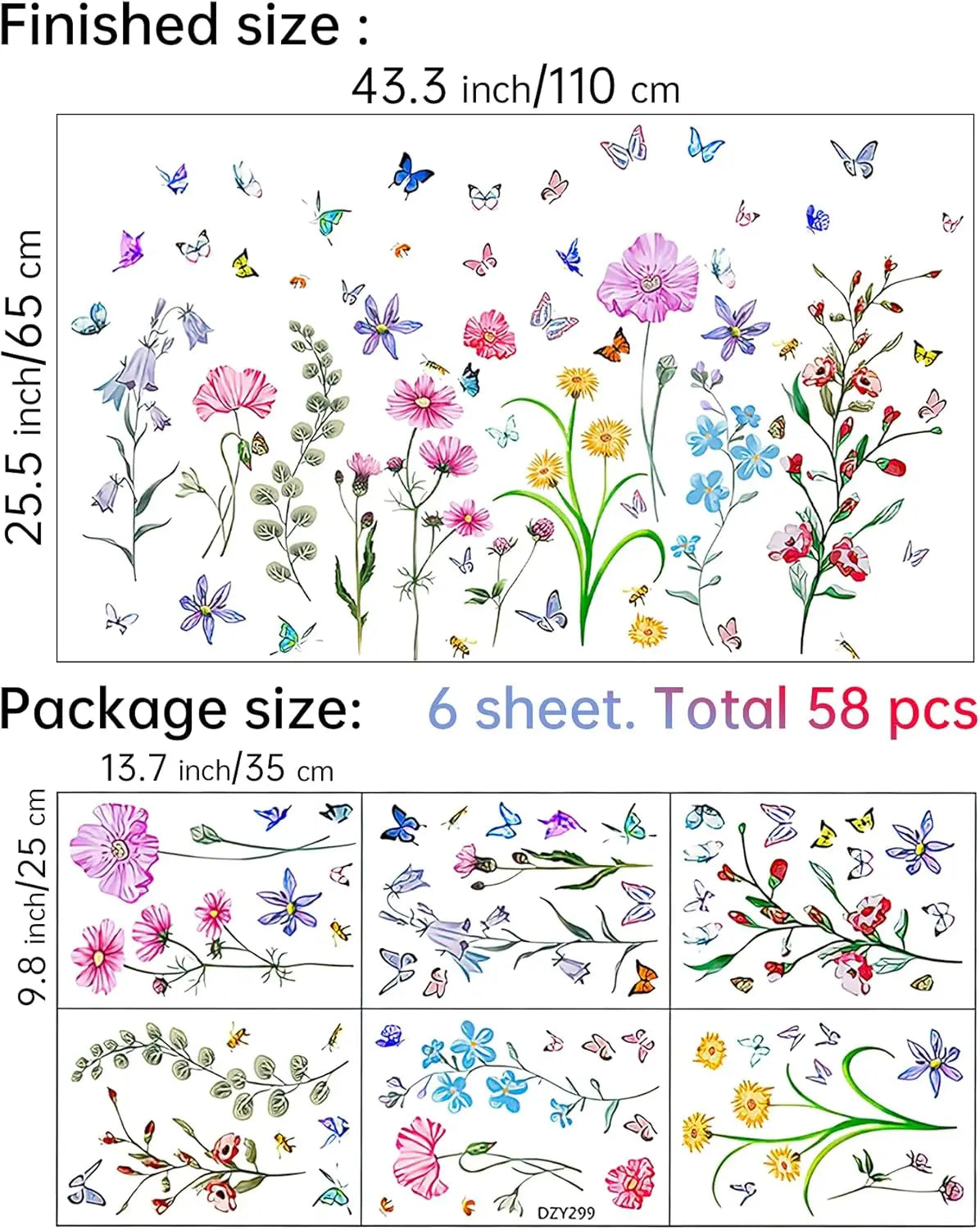 58 Pcs Colorful Flower Wall Stickers Butterfly Bee - size reference