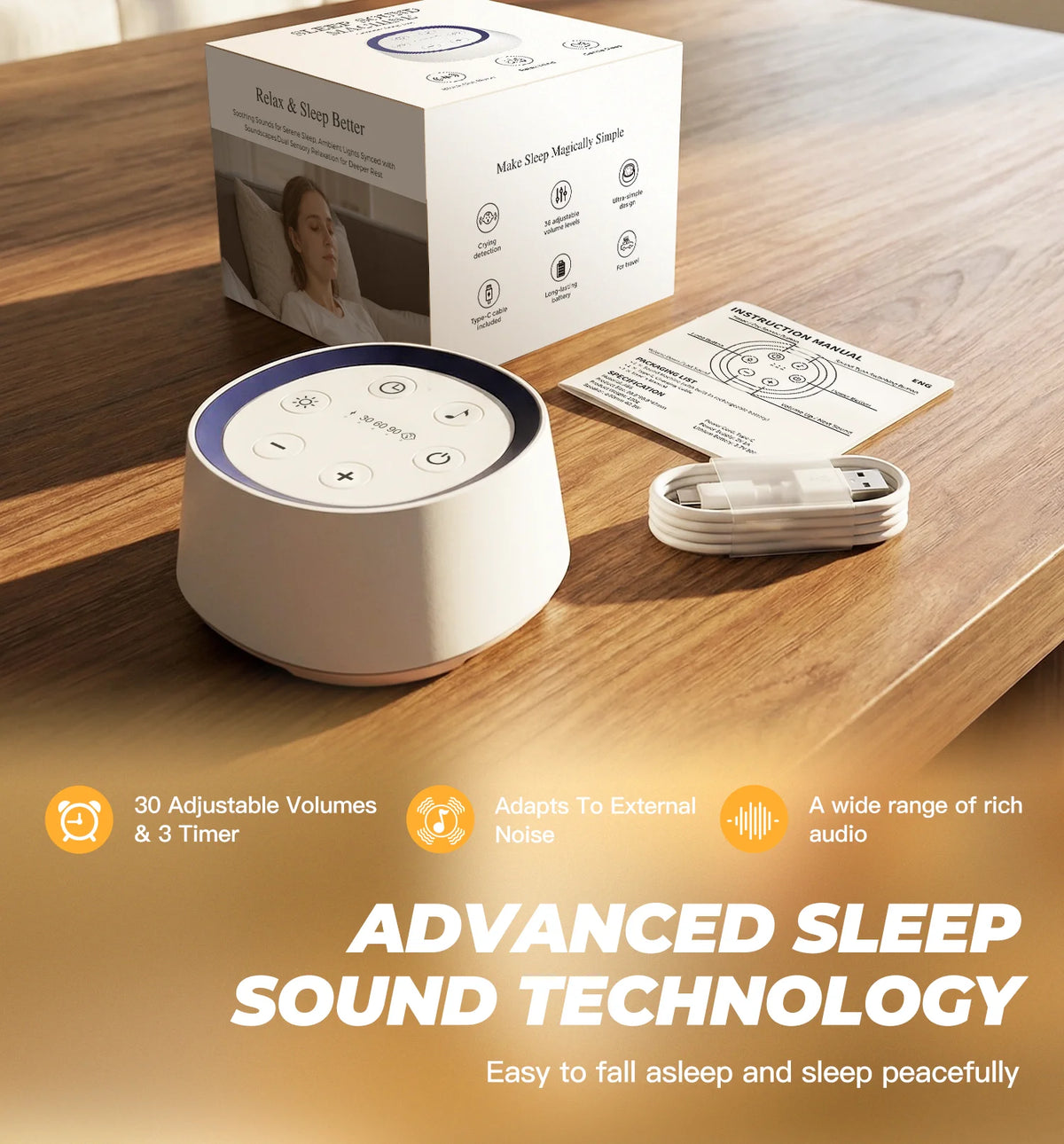 Portable White Noise Machine Adults 30 Soothing Sounds - top-down view