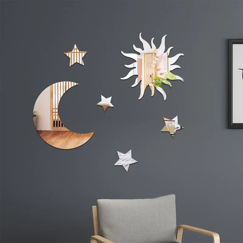 6pcs Moon Star Mirror Wall Stickers Kids Bedroom Decor - front view