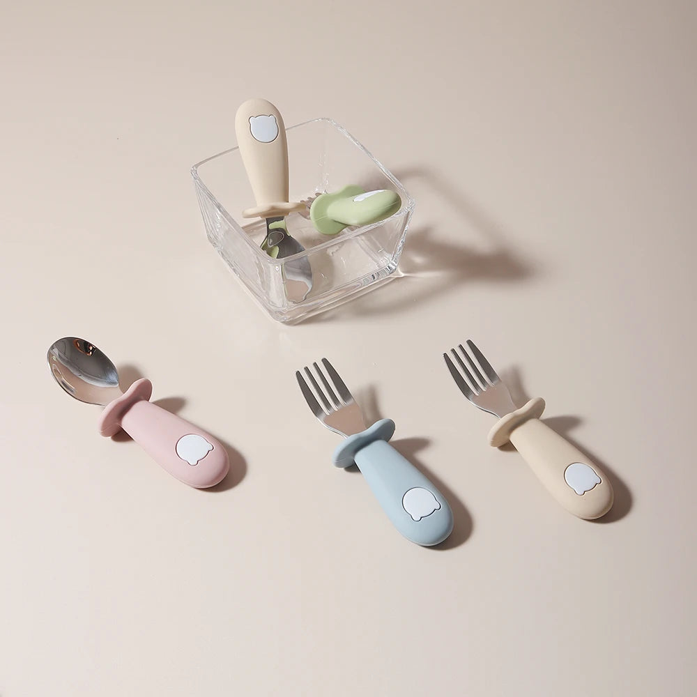 Baby panda shape silicone spoon fork stainless steel - detail view