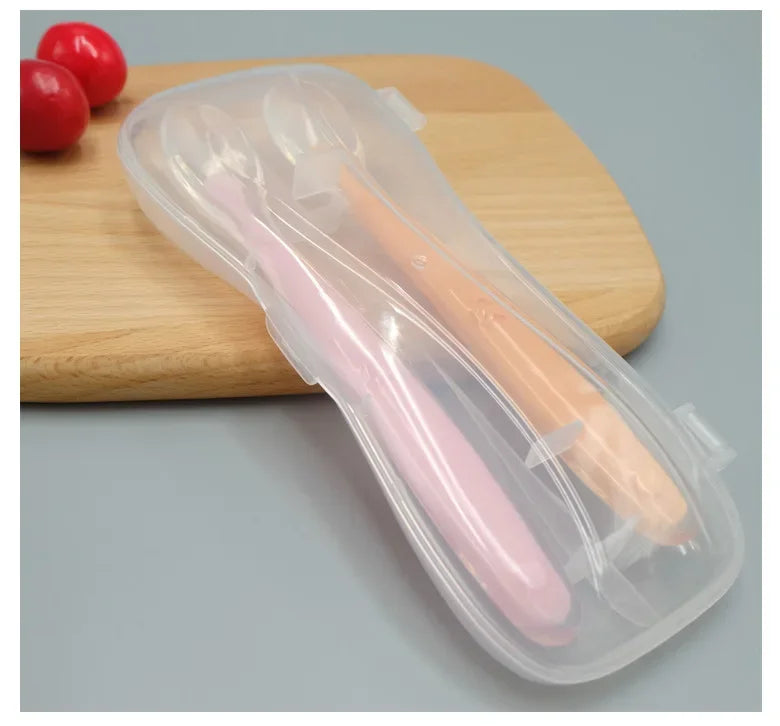 1 2Pcs Silicone Spoon Set Baby Learning eat Training