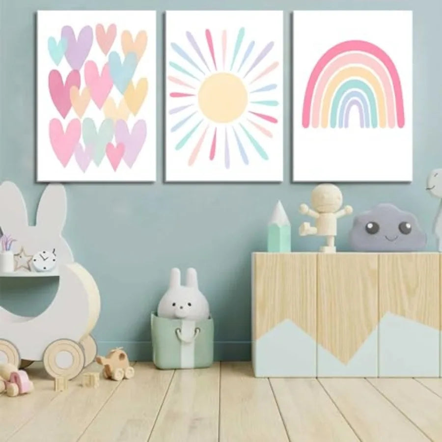 3Pcs Framed Pink Nursery Canvas Wall Art Rainbow Poster - size reference