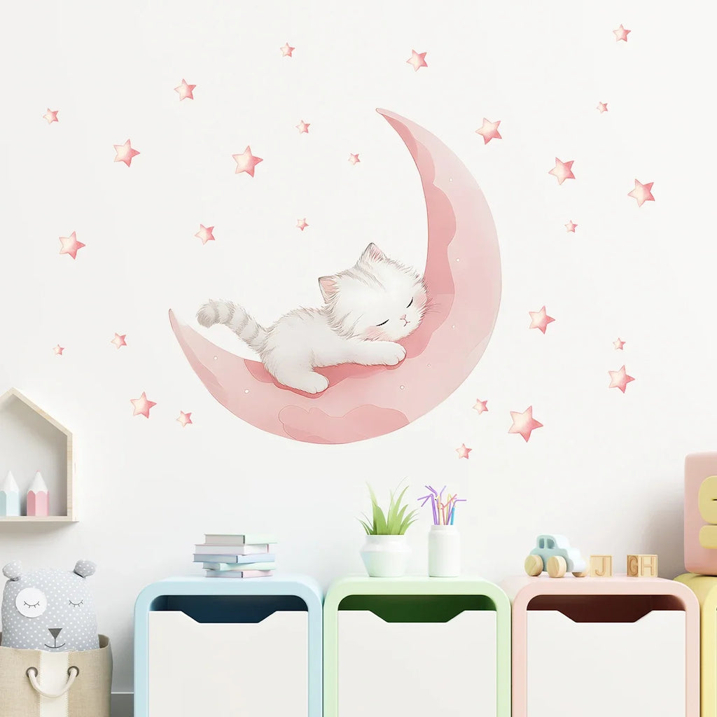 Cartoon Pink Moon Cute Cat Sleep Wall Stickers Baby - lifestyle in-use