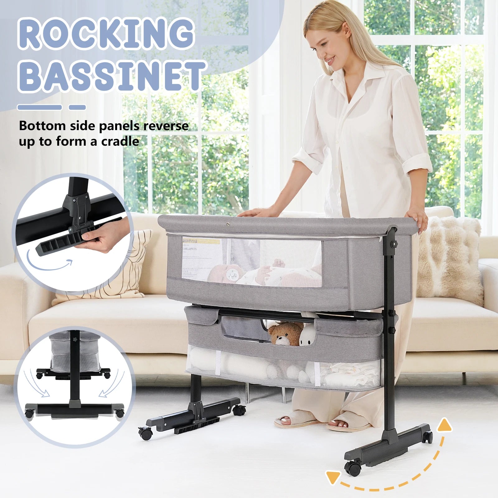 Baby Bedside Bassinet 3-in-1 Baby Crib Headboard Bed - top-down view