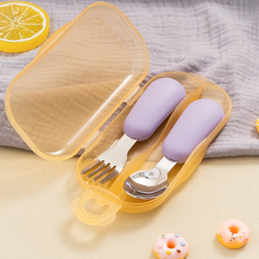 2PCS Baby Silicone Stainless Steel Fork Spoon Portable - set overview