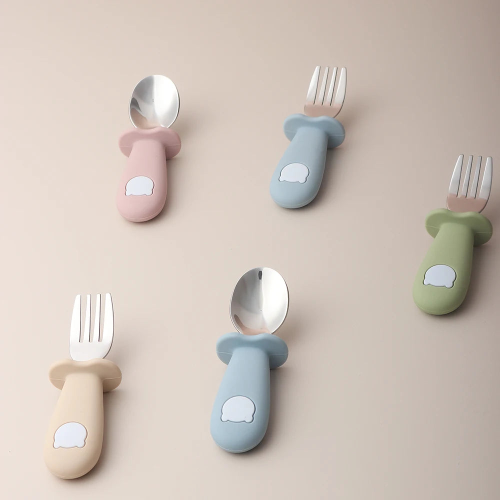 Baby panda shape silicone spoon fork stainless steel - lifestyle in-use