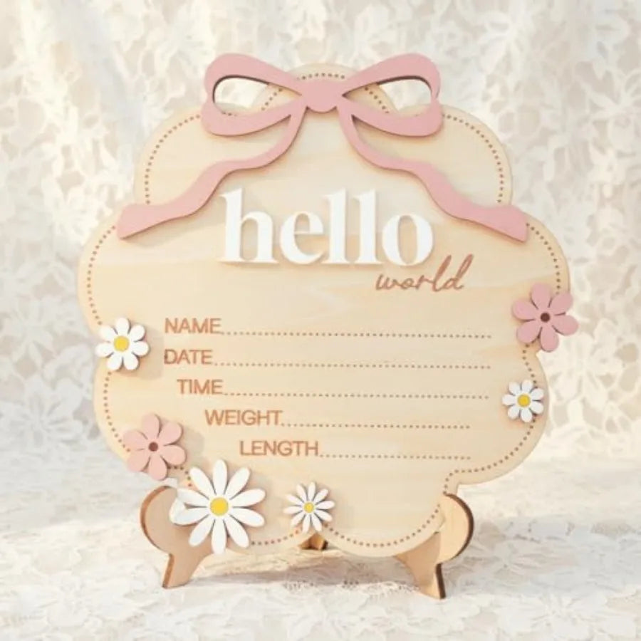 Hello World Wooden Baby Birth Announcement Sign with Pink Bow - set overview