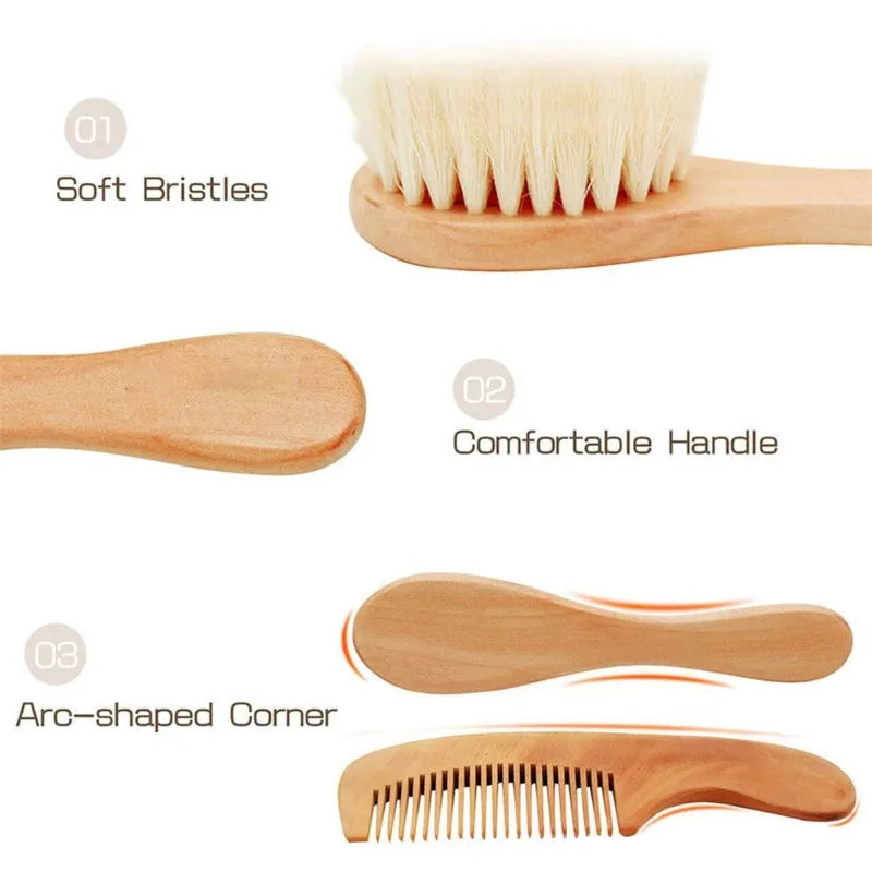 1 2 3PCS Newborn Wool Baby Wooden Brush Comb Newborn - detail view