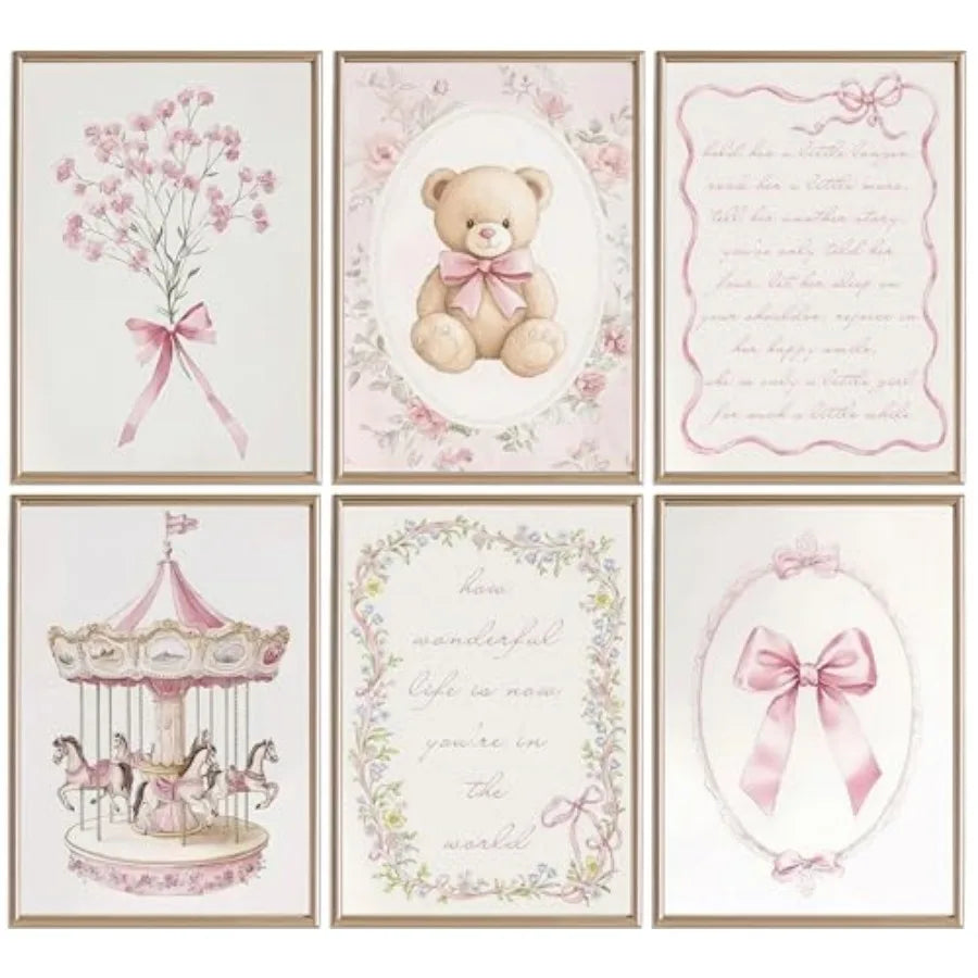 6pcs Pink Vintage Baby Girl Nursery Wall Art Prints - front view