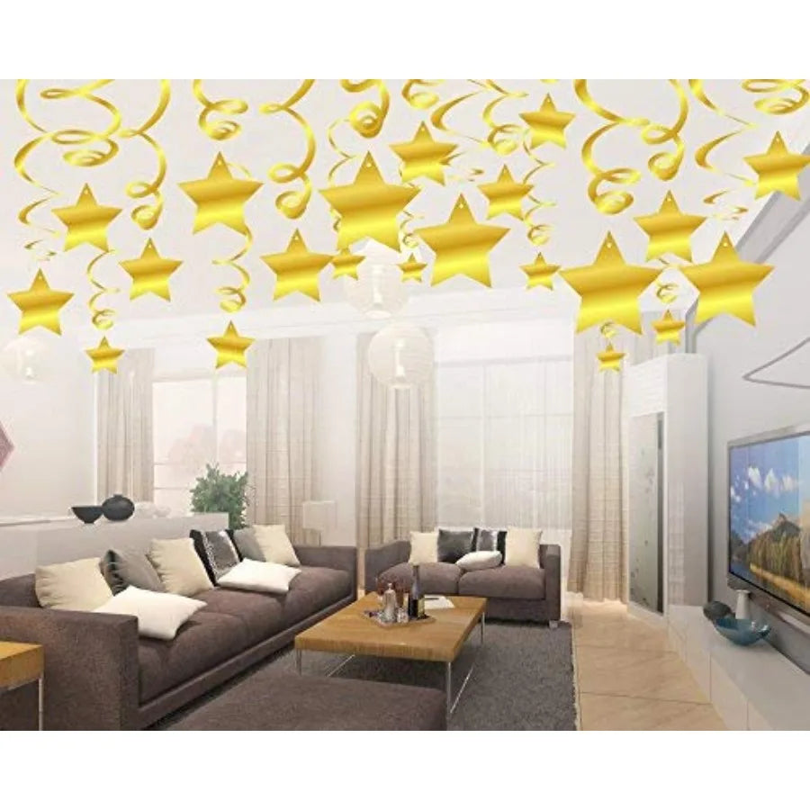 Gold Star Hanging Swirl Decorations - set overview