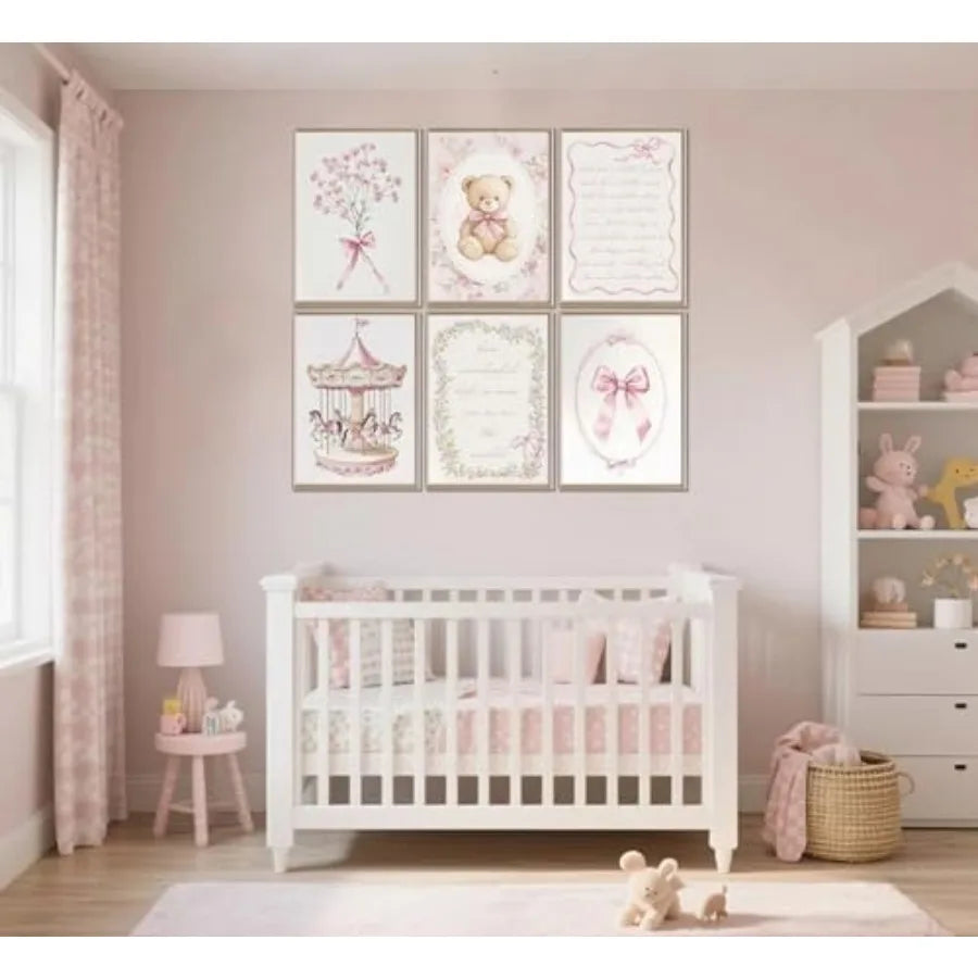 6pcs Pink Vintage Baby Girl Nursery Wall Art Prints - size reference