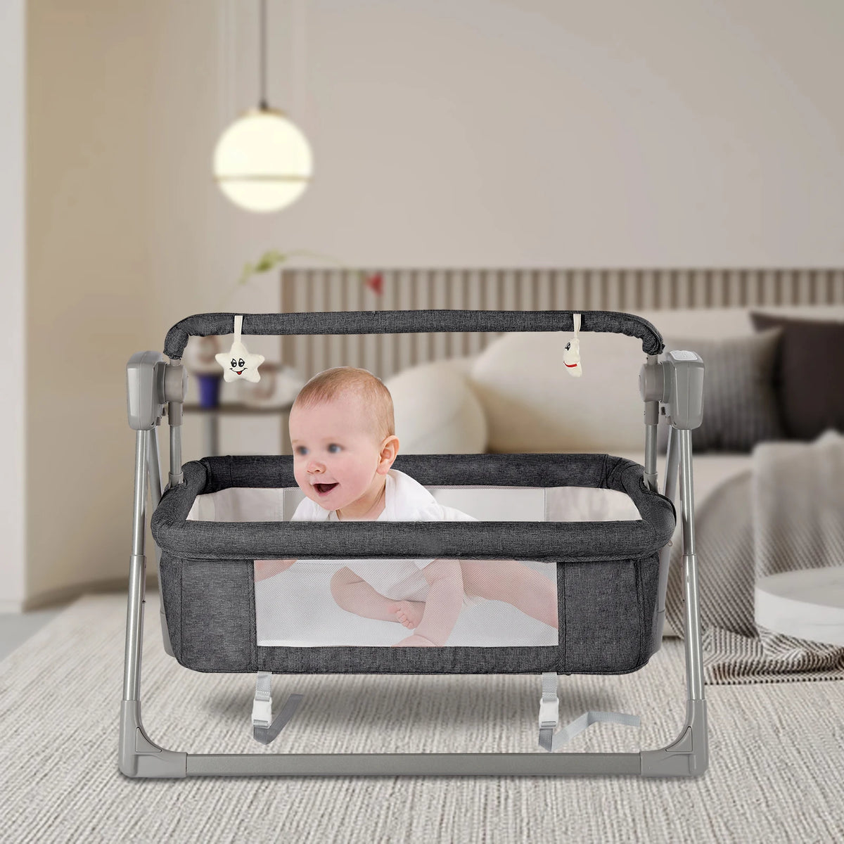Gray/Khaki Electric Cradle Baby Swing Bed - lifestyle in-use