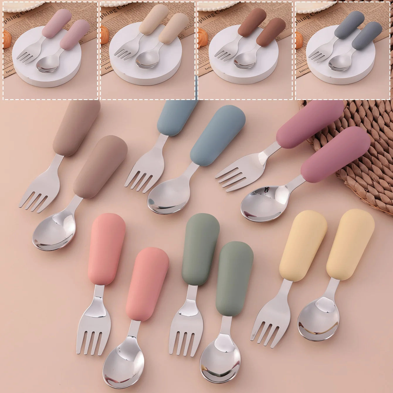 Color Kids 2PCS Stainless Steel Fork Spoon Baby Feeding - front view