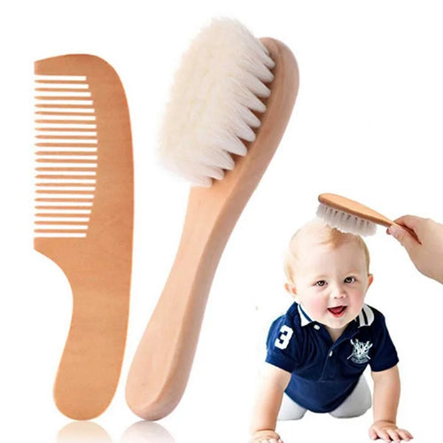 1 2 3PCS Newborn Wool Baby Wooden Brush Comb Newborn - front view