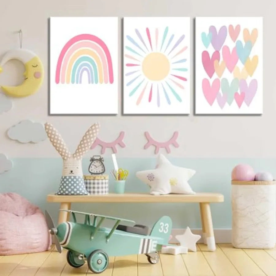3Pcs Framed Pink Nursery Canvas Wall Art Rainbow Poster - packaging view