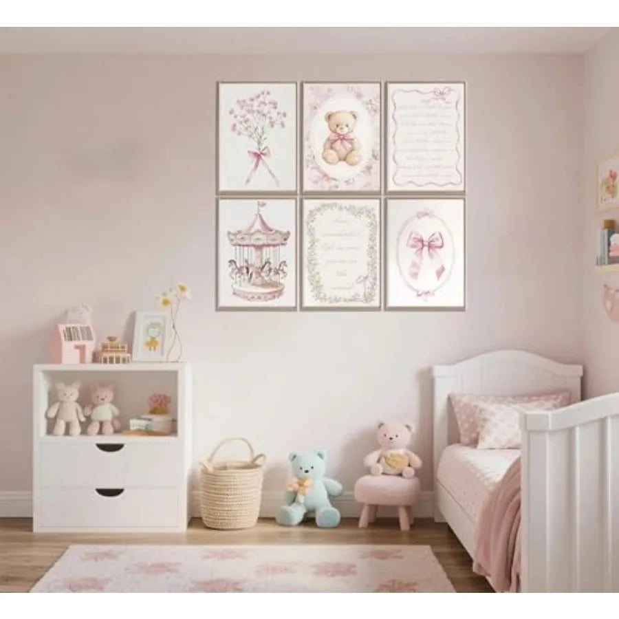 6pcs Pink Vintage Baby Girl Nursery Wall Art Prints - lifestyle in-use