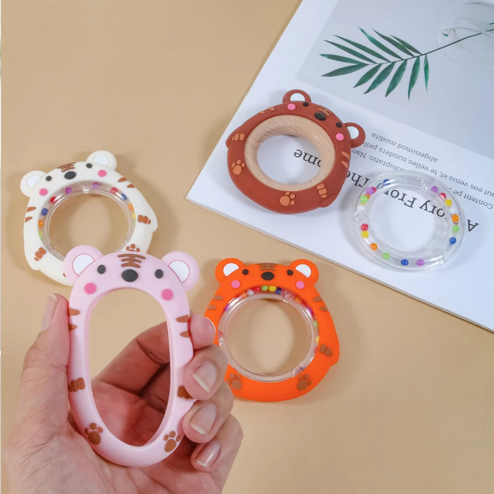4 Pack Cartoon Tiger Silicone Teething Ring Rattle