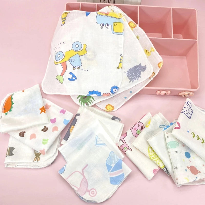 10Pcs Baby Washcloths Cartoon Cute Print Double Layer - top-down view