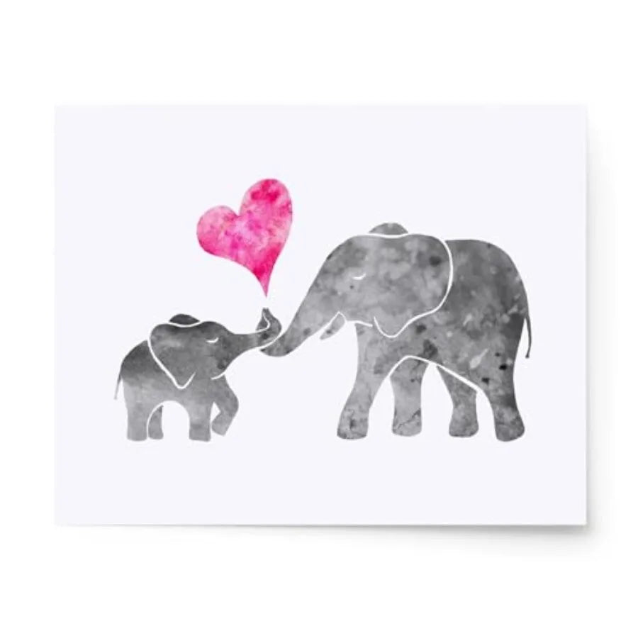 Watercolor Grey Baby Elephant Mom Art Print Painting - front view