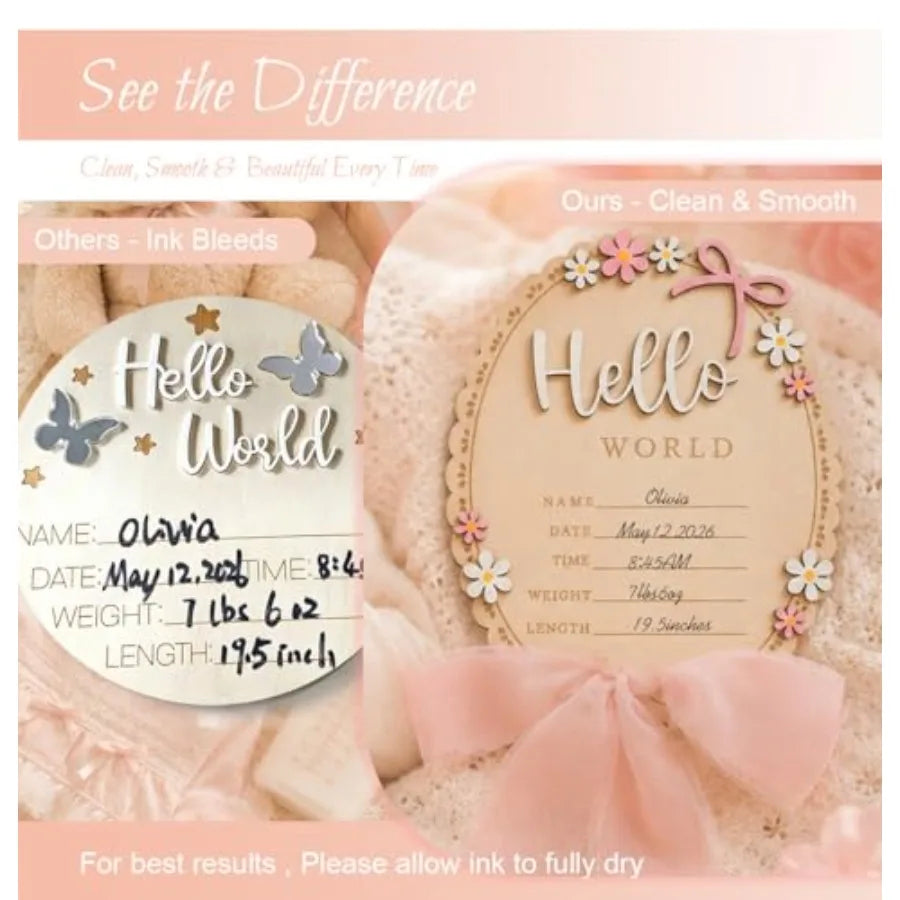 Baby Announcement Hello World Wooden Welcome Baby Sign - feature close-up