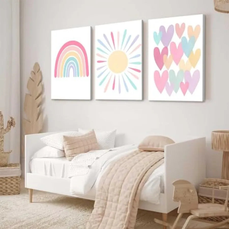 3Pcs Framed Pink Nursery Canvas Wall Art Rainbow Poster - lifestyle in-use