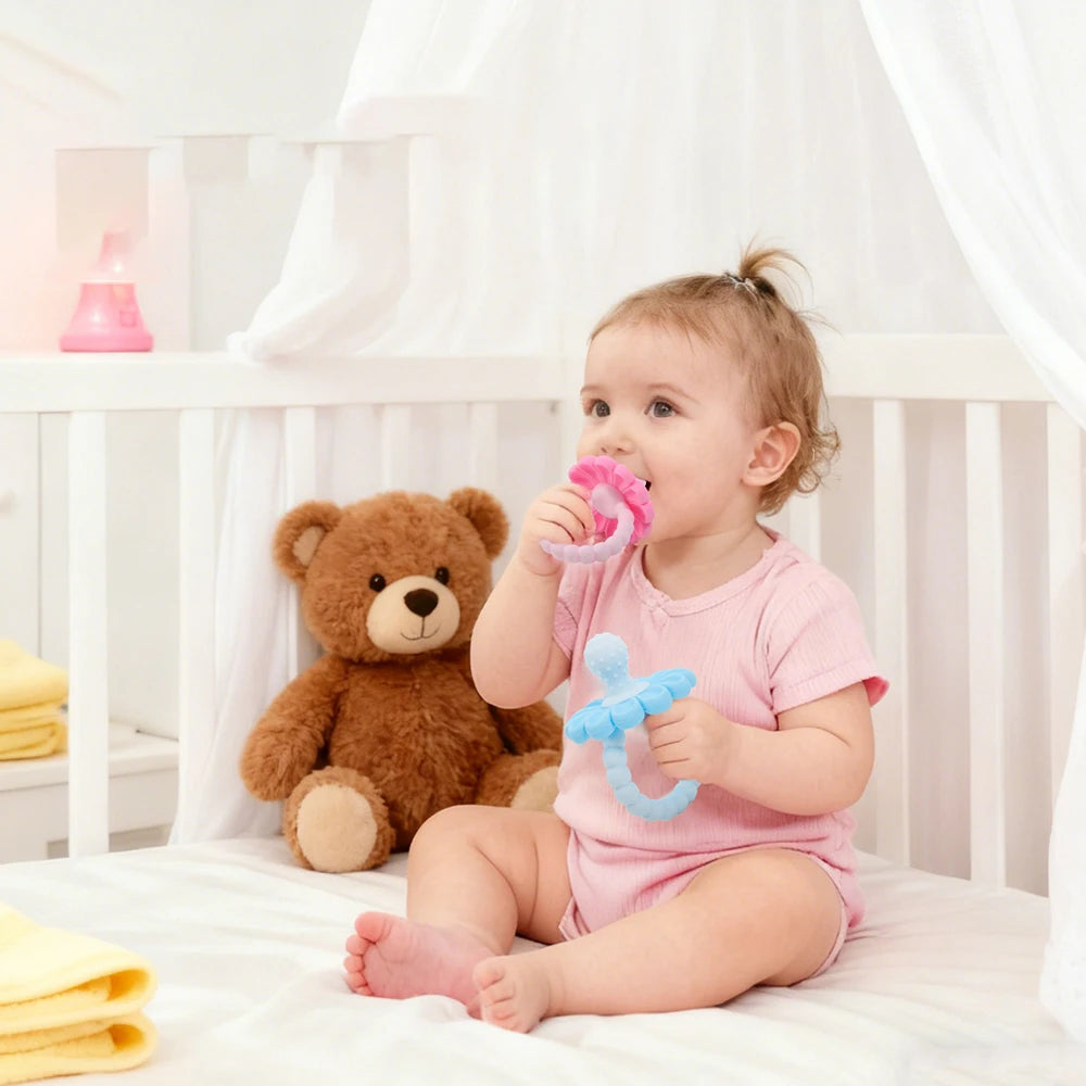 4 Pack Baby Teething Toys Flower Silicone Teether Rings - packaging view