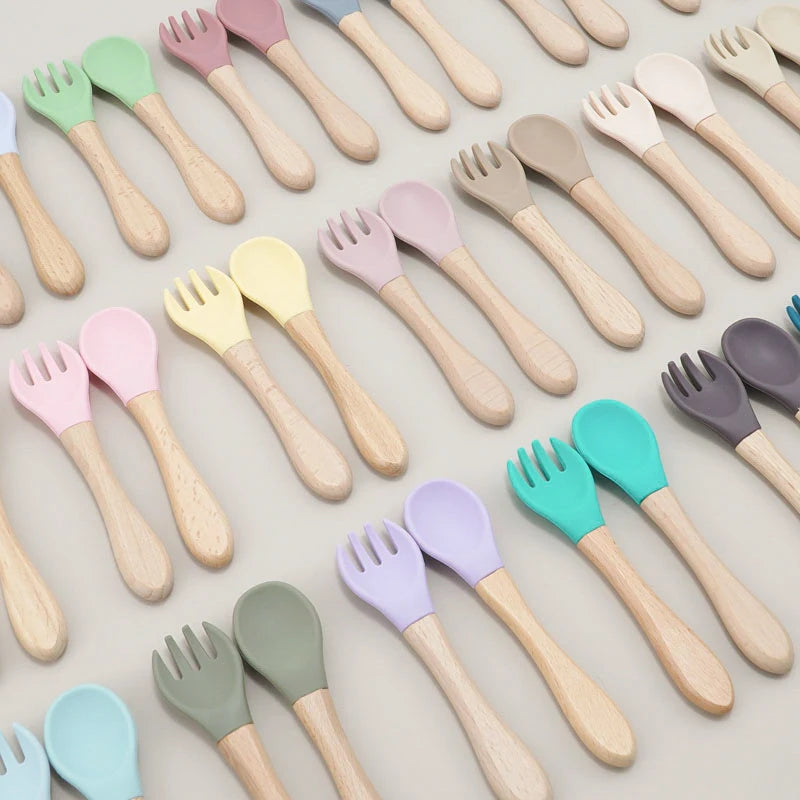 2PCS Baby Learning Spoons Utensils Set Food Grade - side angle