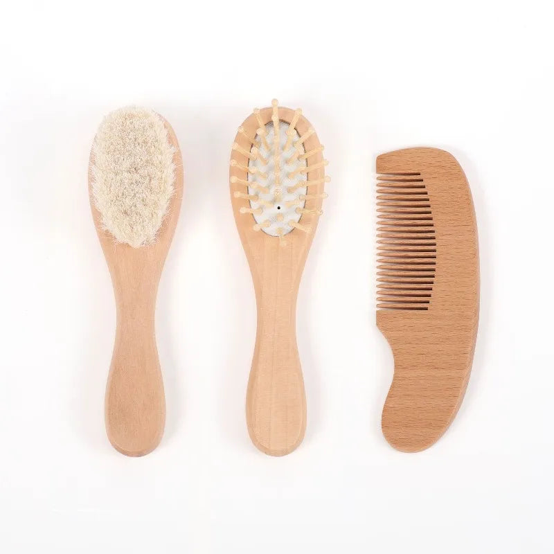 1 2 3PCS Newborn Wool Baby Wooden Brush Comb Newborn