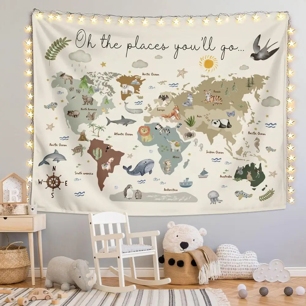 Boho Style Kids World Map Tapestry, 50x60 Inch - front view
