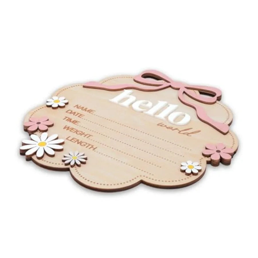 Hello World Wooden Baby Birth Announcement Sign with Pink Bow - feature close-up